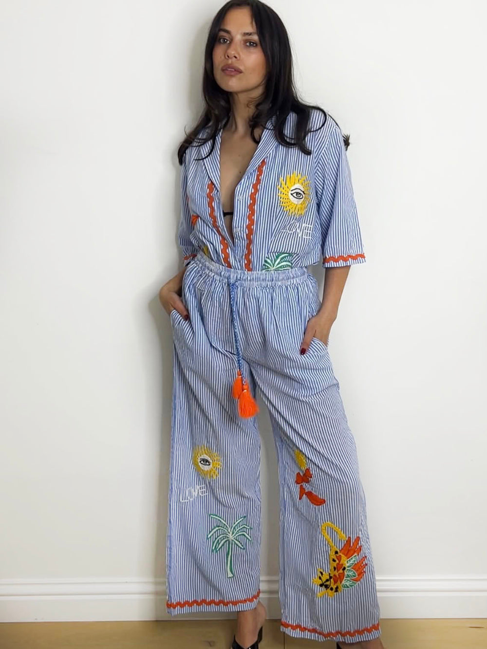 EMBROIDERED STRIPE PALAZZO