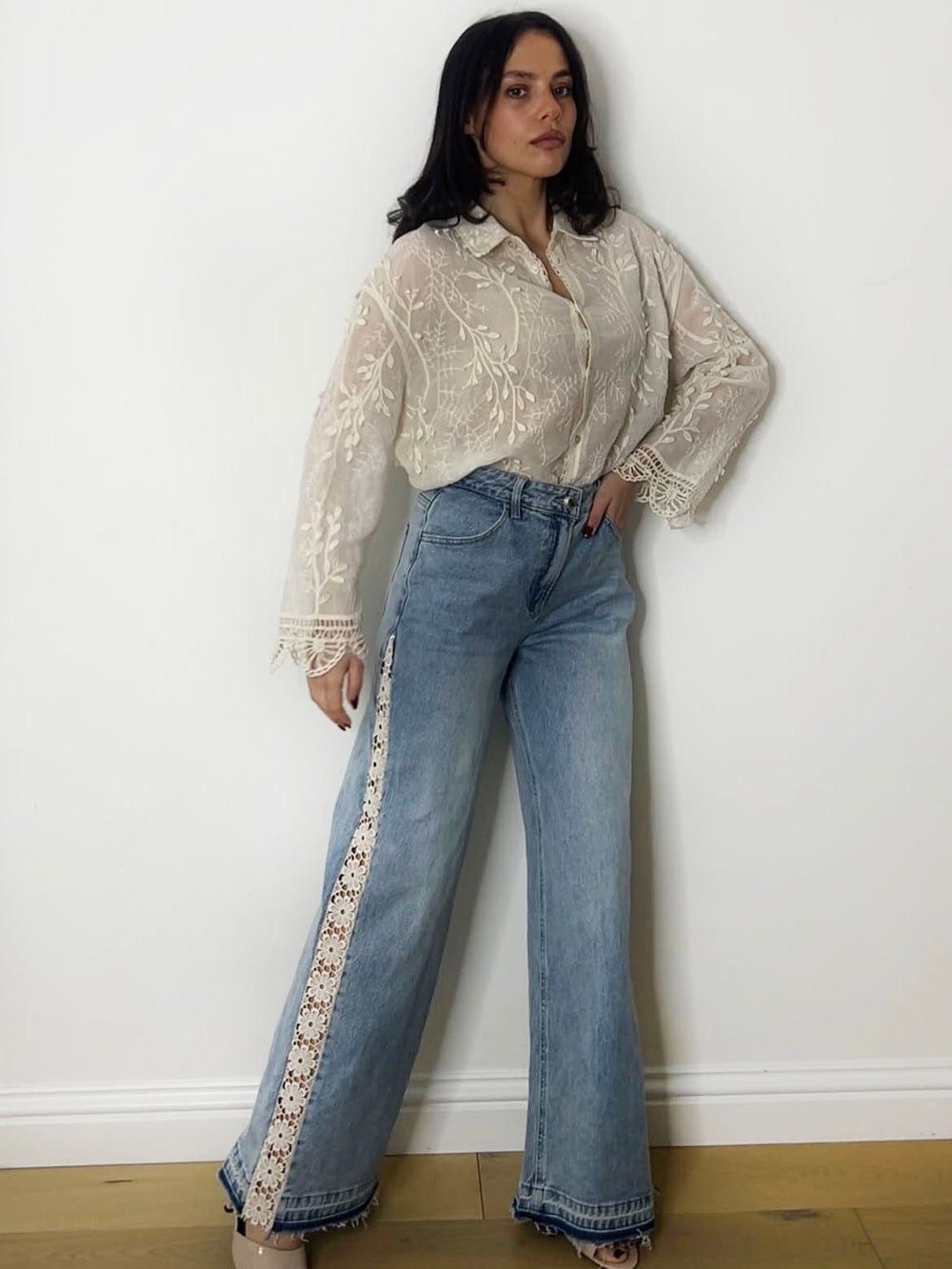 CROCHET PANEL DENIM JEANS