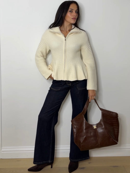 FUNNEL ZIP KNIT CREAM
