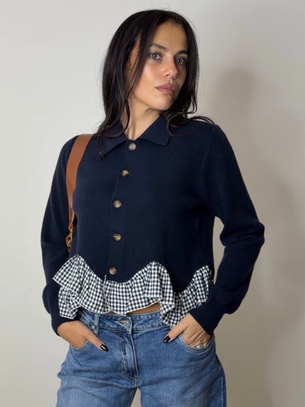 GINGHAM FRILL CARDI NAVY