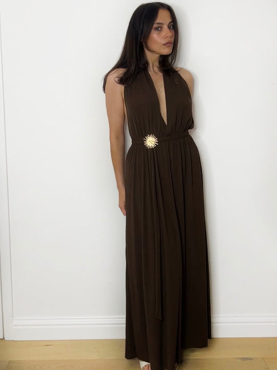 SOLEIL HALTER MAXI DRESS CHOC