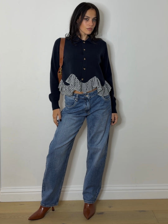 GINGHAM FRILL CARDI NAVY