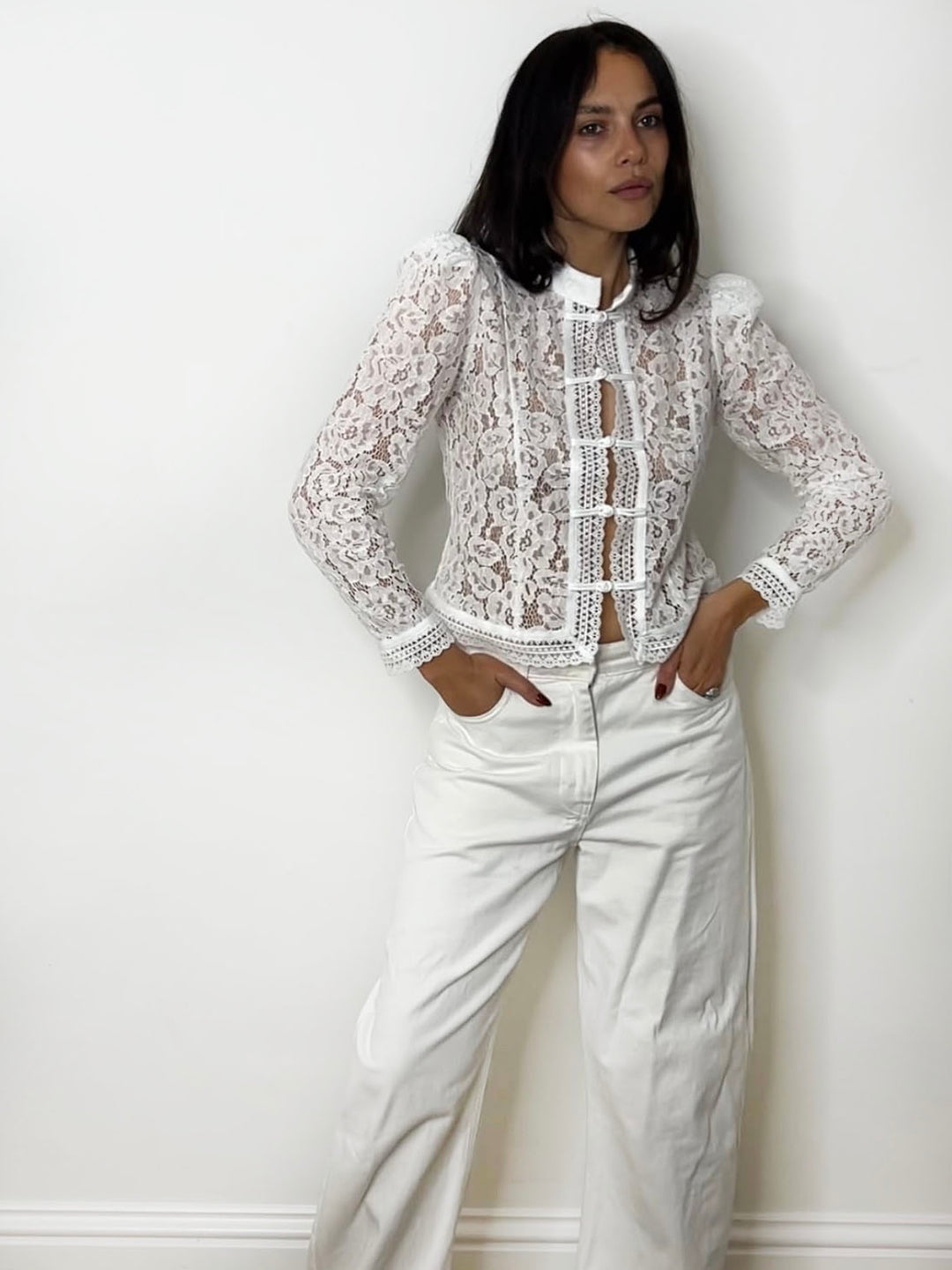 LONG-SLEEVE LACE MANDARIN SHIRT