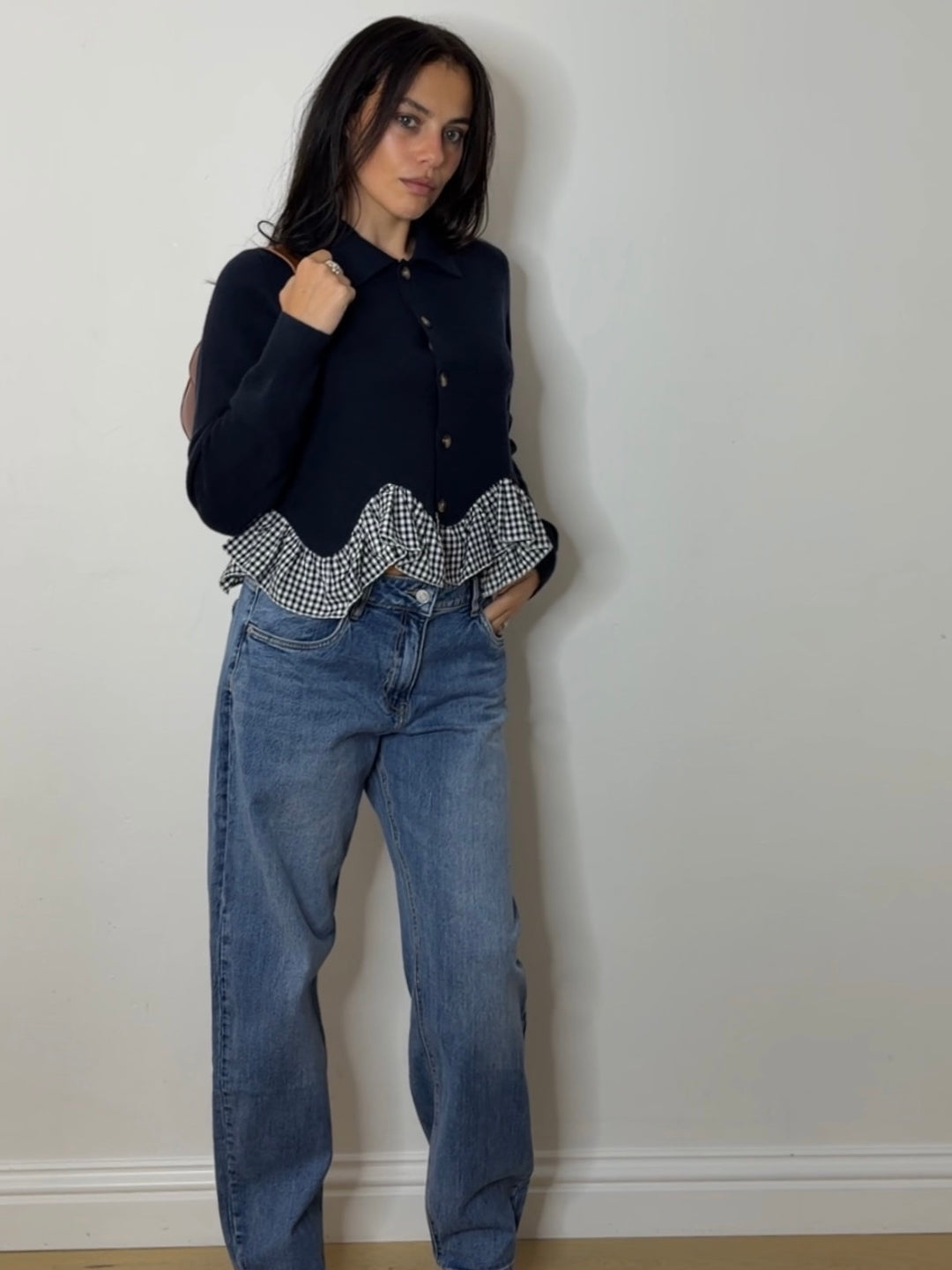 GINGHAM FRILL CARDI NAVY