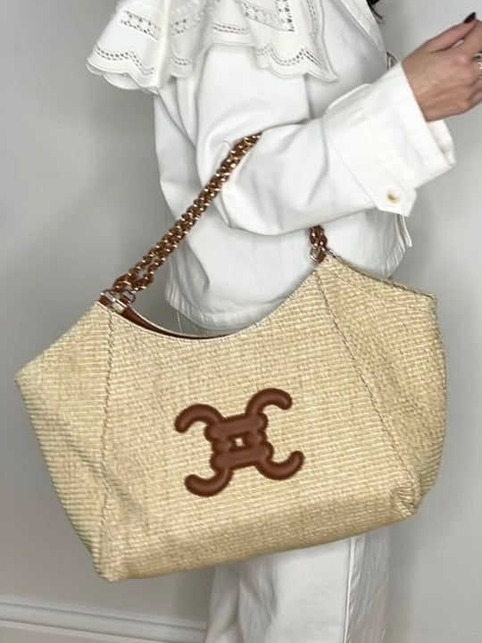 LOGO RAFFIA CHAIN BAG TAN