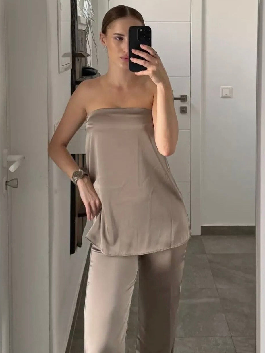 MOCHA SATIN BANDEAU TOP