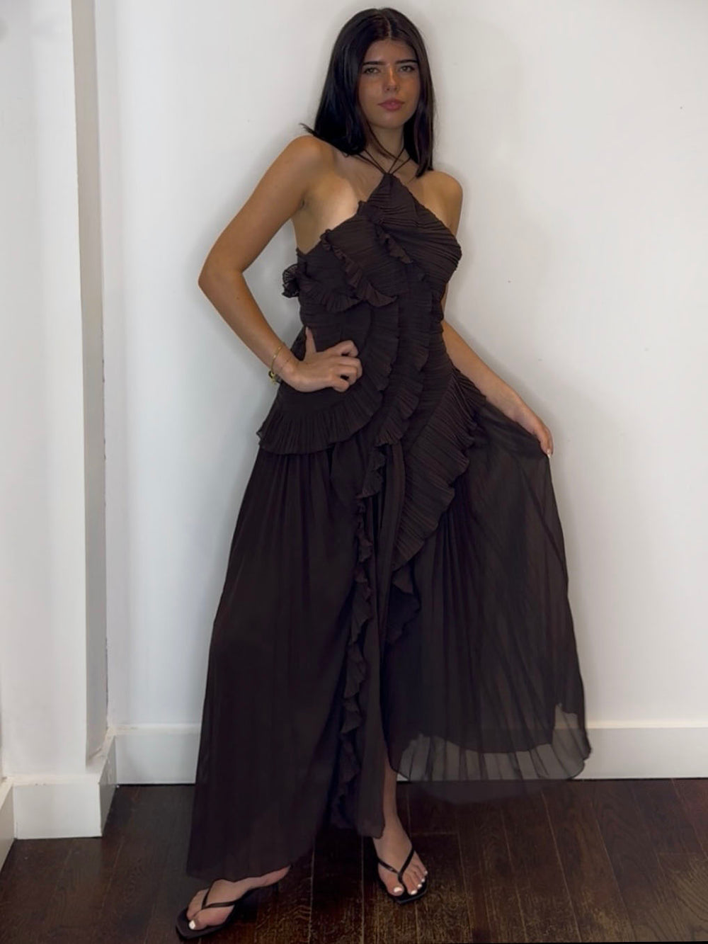 COCO PLEAT MAXI DRESS CHOC