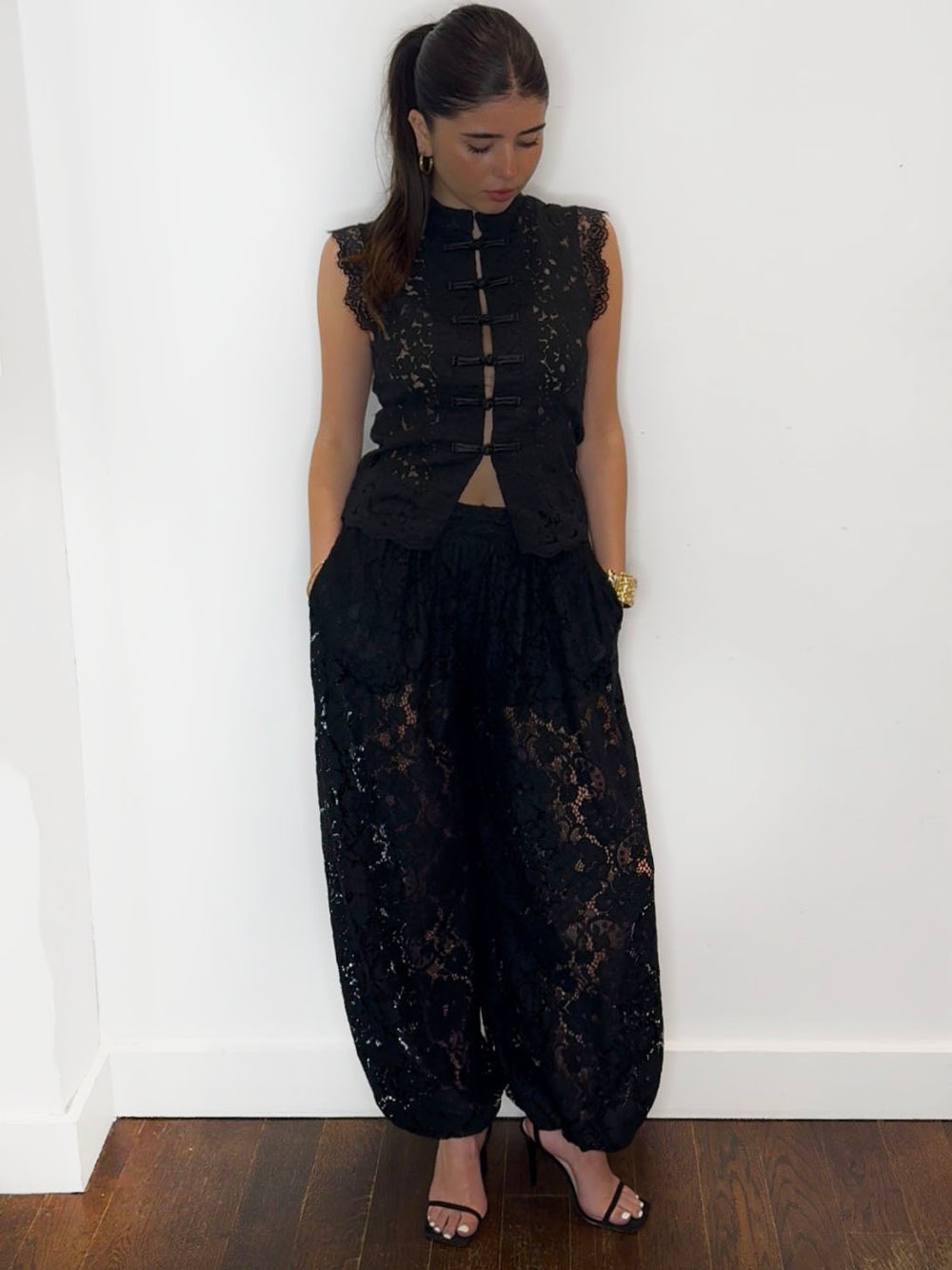 LACE MANDARIN SHIRT BLACK