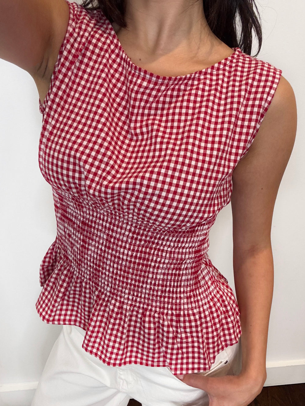 GINGHAM PEPLUM TOP RED