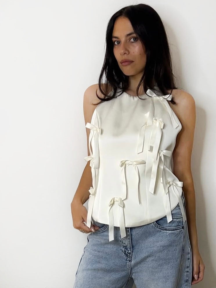 SATIN BOW HALTER TOP