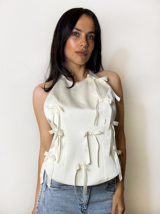 SATIN BOW HALTER TOP