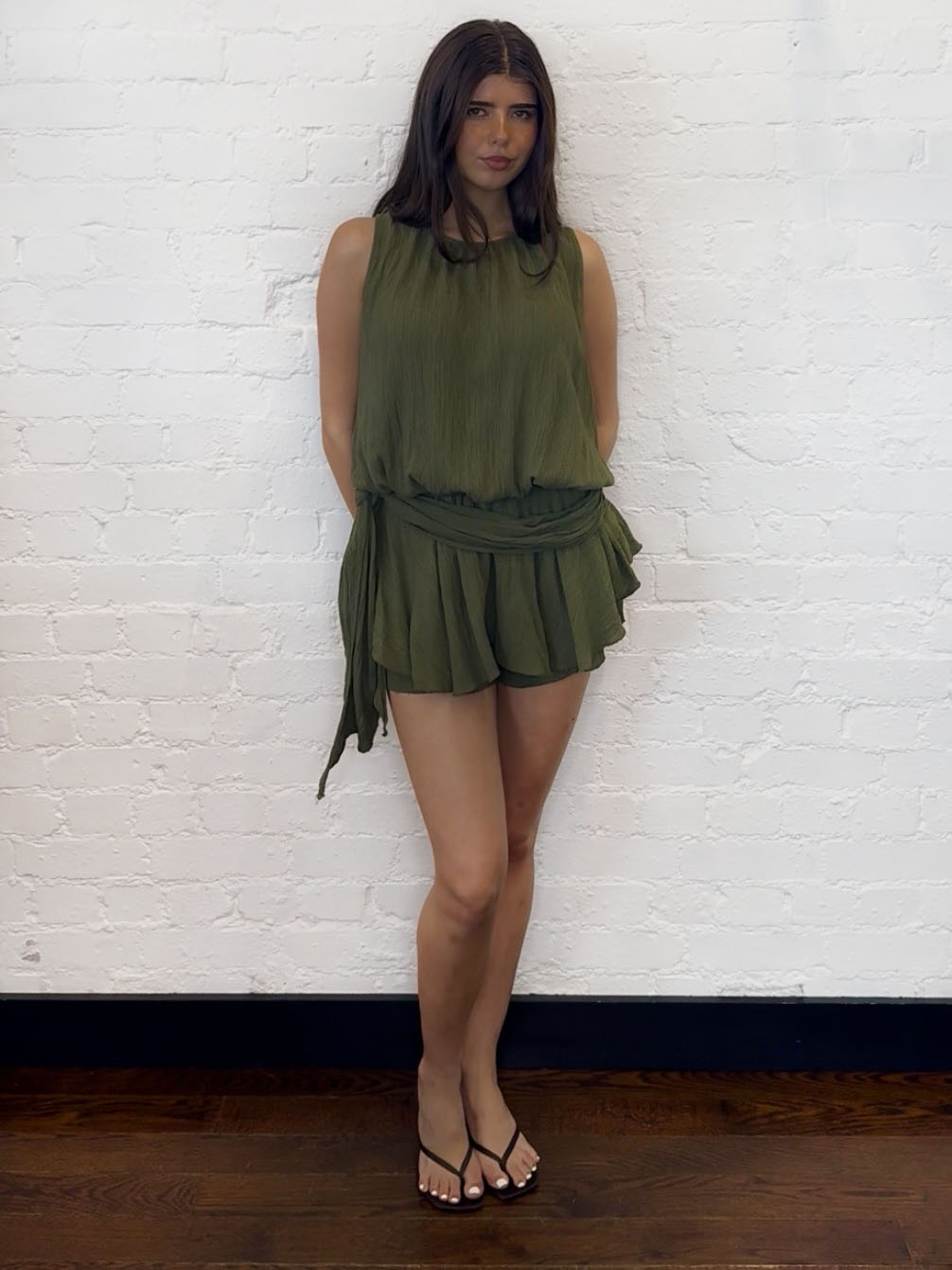 CRINKLE TIE PLAYSUIT KHAKI
