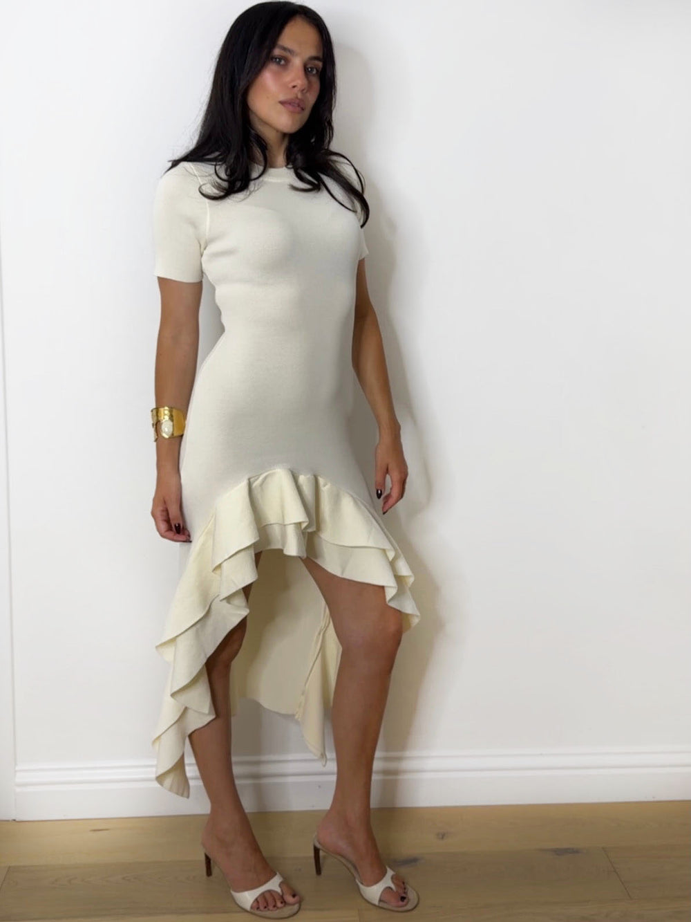 CARRIE KNITTED RUFFLE DRESS CREAM
