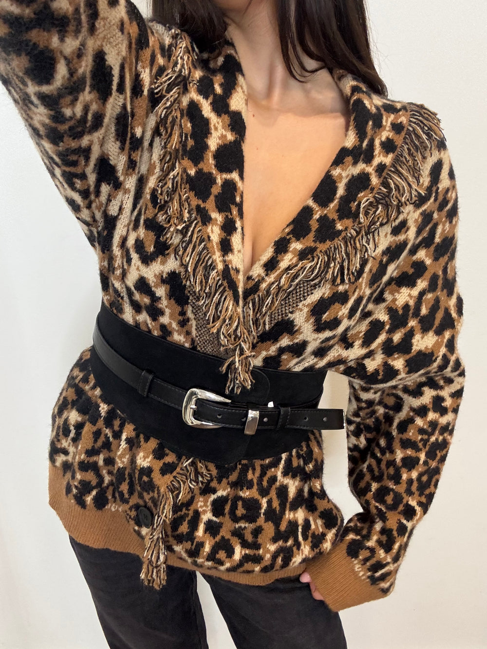 LEOPARD FRINGE CARDIGAN