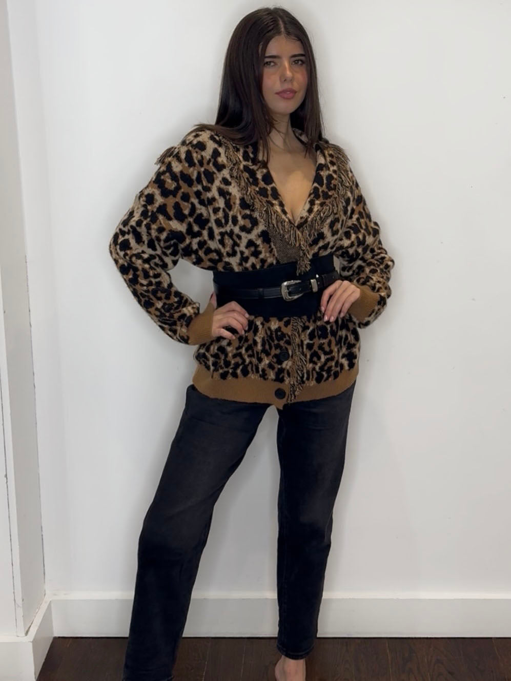 LEOPARD FRINGE CARDIGAN