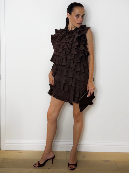 LARA RUFFLE DRESS CHOC